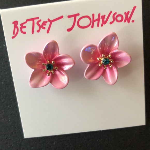 Betsey Johnson Pink Enamel Tropical Flower Stud Earrings Crystal Accent NWT - Picture 9 of 11